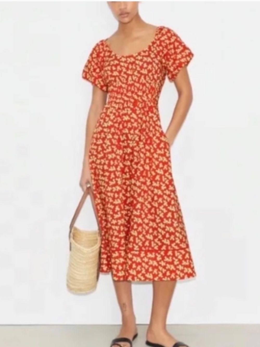 Tory Burch Red Floral Little Leaves Smocked Midi Dress Pockets Size 2 NWOT - Picture 3 of 9